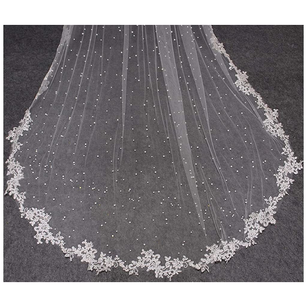 Ts Pearls Wedding Veil， with Lace Appliques Edge 2.5 Meters Long Bridal Veil， with Comb 250CM Veil for Bride (Color : White, Item Length : 250cm)