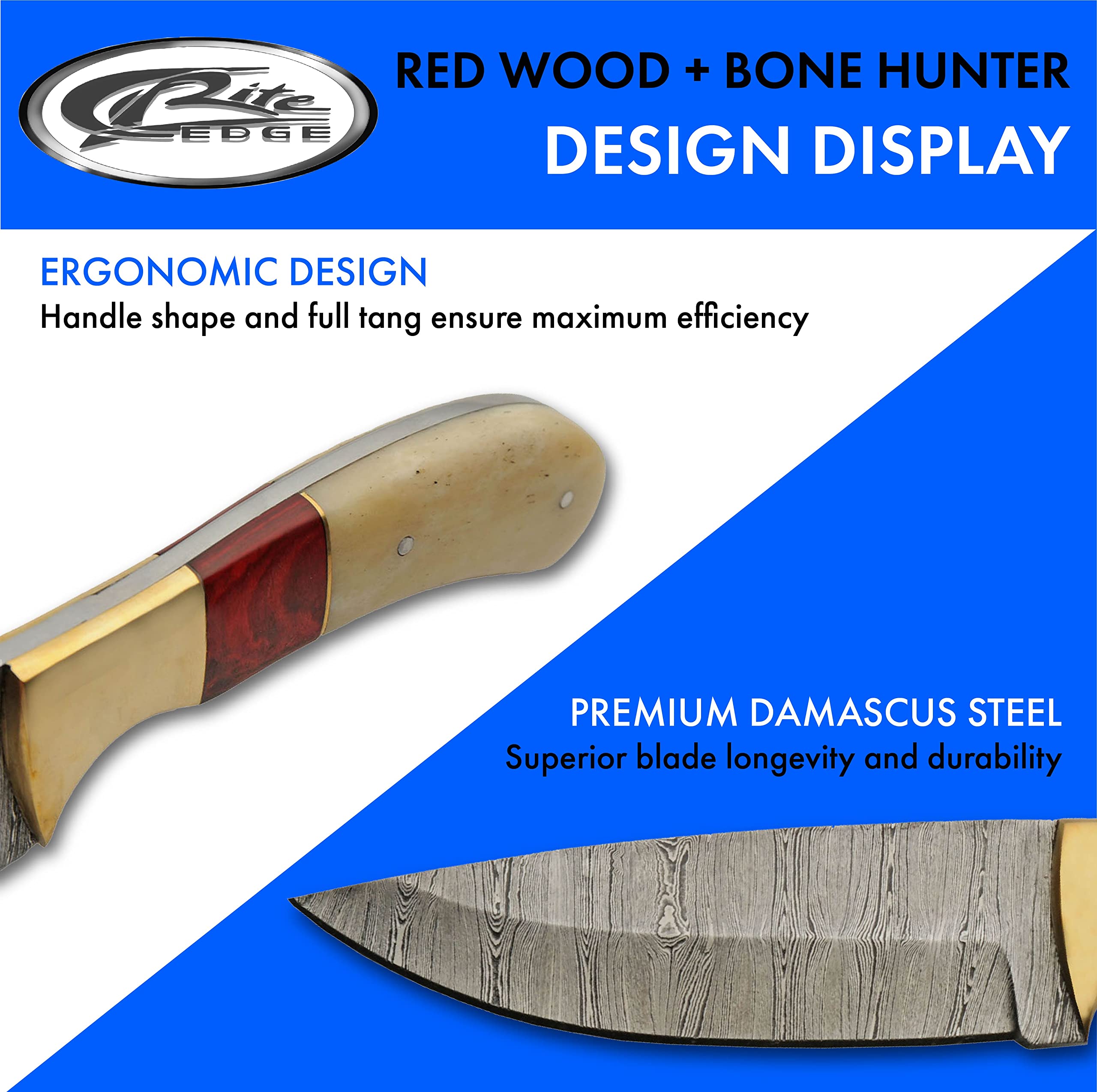 SZCO Supplies 9" Bone/Red Wood Handle Damascus Steel Outdoor Hunting Knife With Sheath