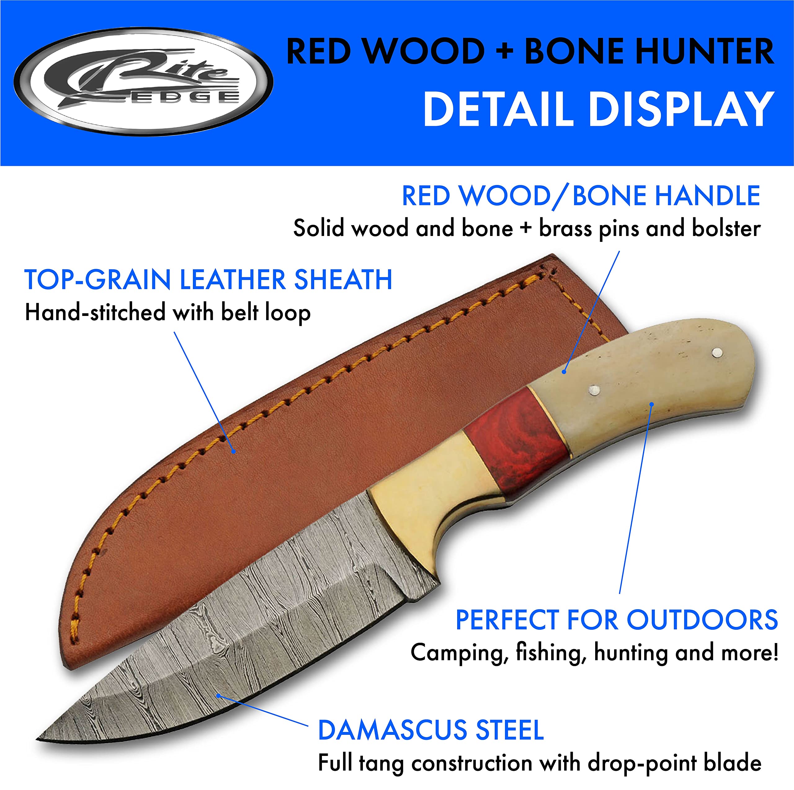 SZCO Supplies 9" Bone/Red Wood Handle Damascus Steel Outdoor Hunting Knife With Sheath