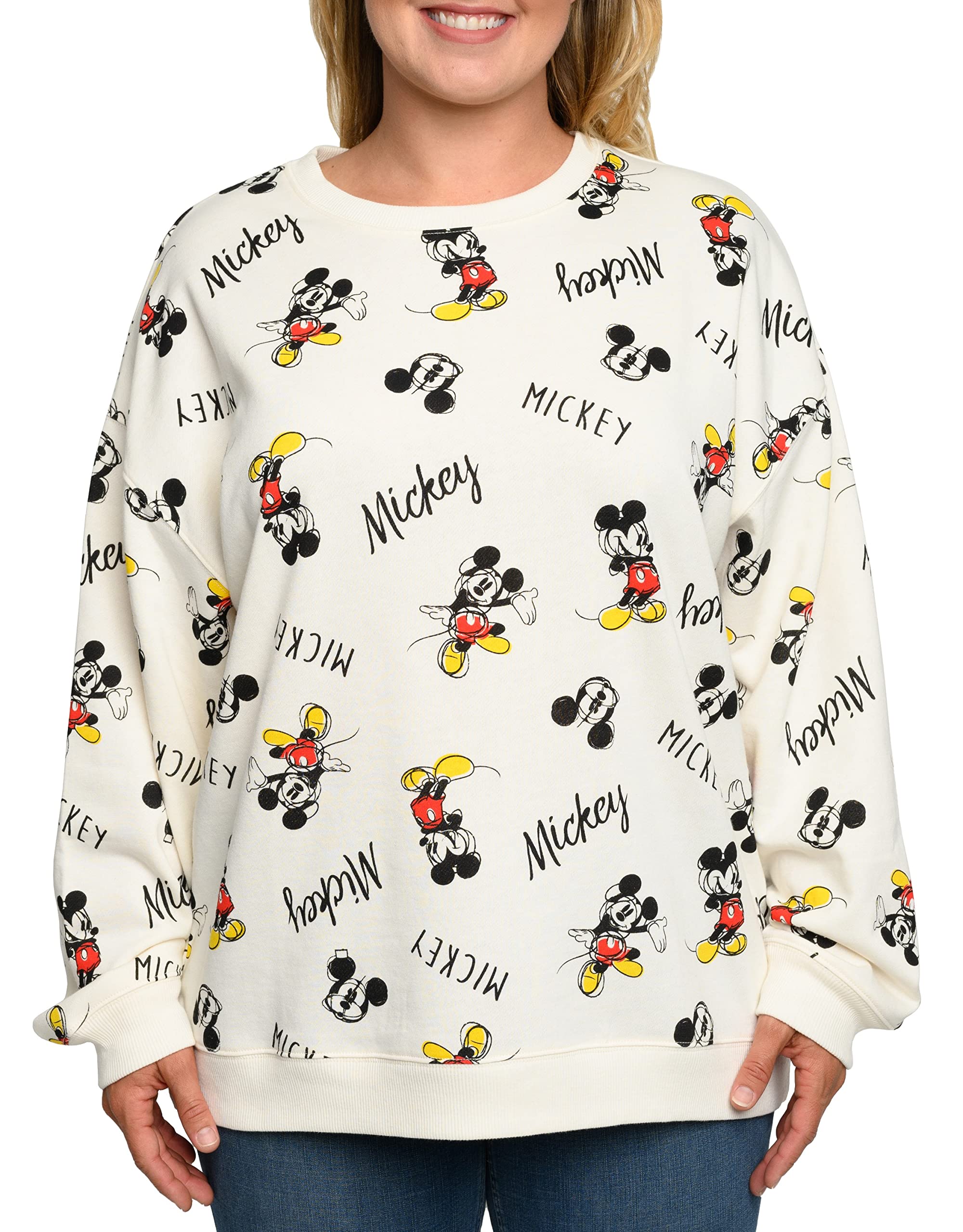 Disney Womens Plus Size Mickey Mouse Sweatshirt Fleece Pullover (Cream, 2X)