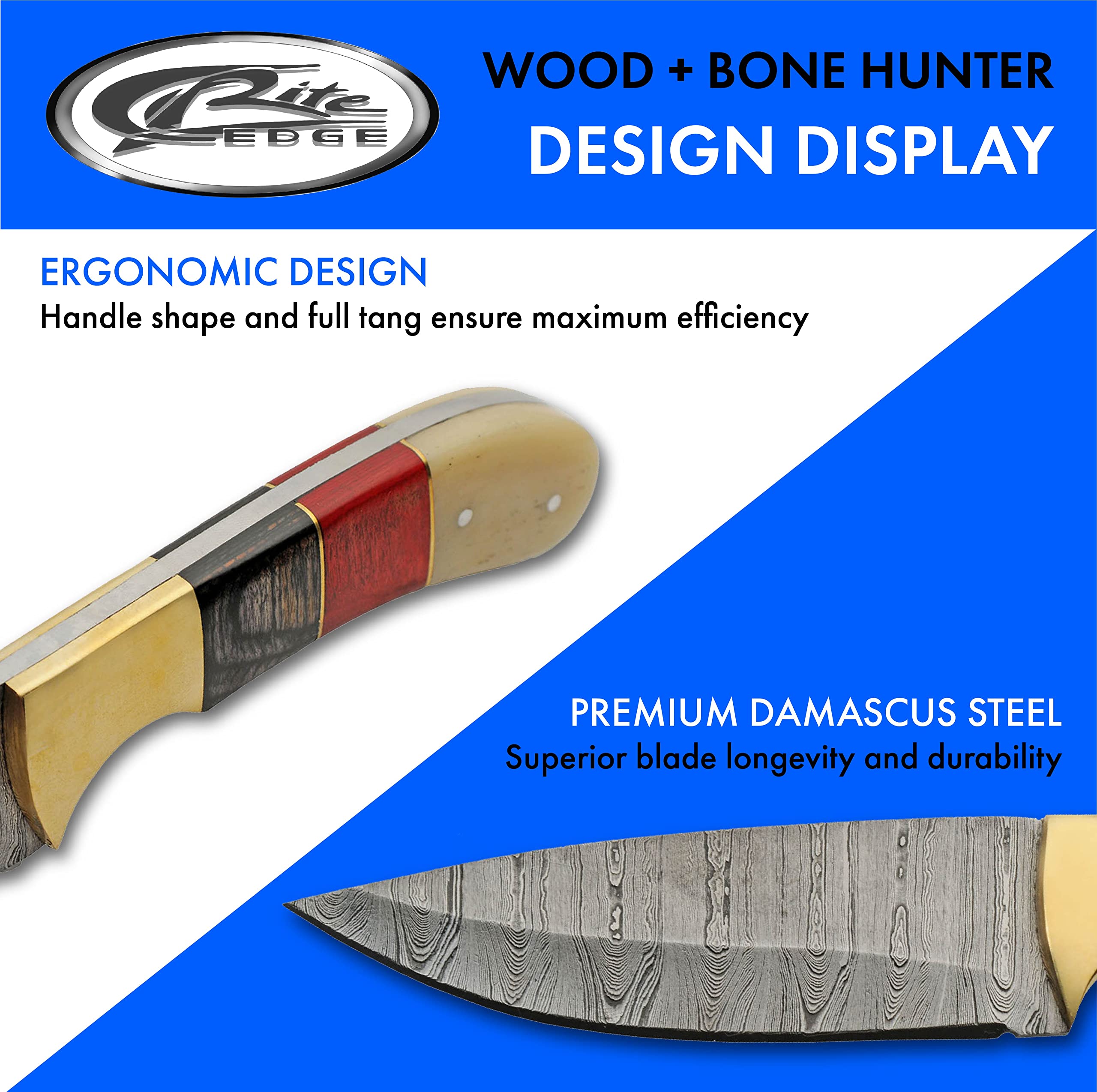 SZCO Supplies 9" Wood/Bone Handle Damascus Steel Drop Point Outdoor Hunting Knife