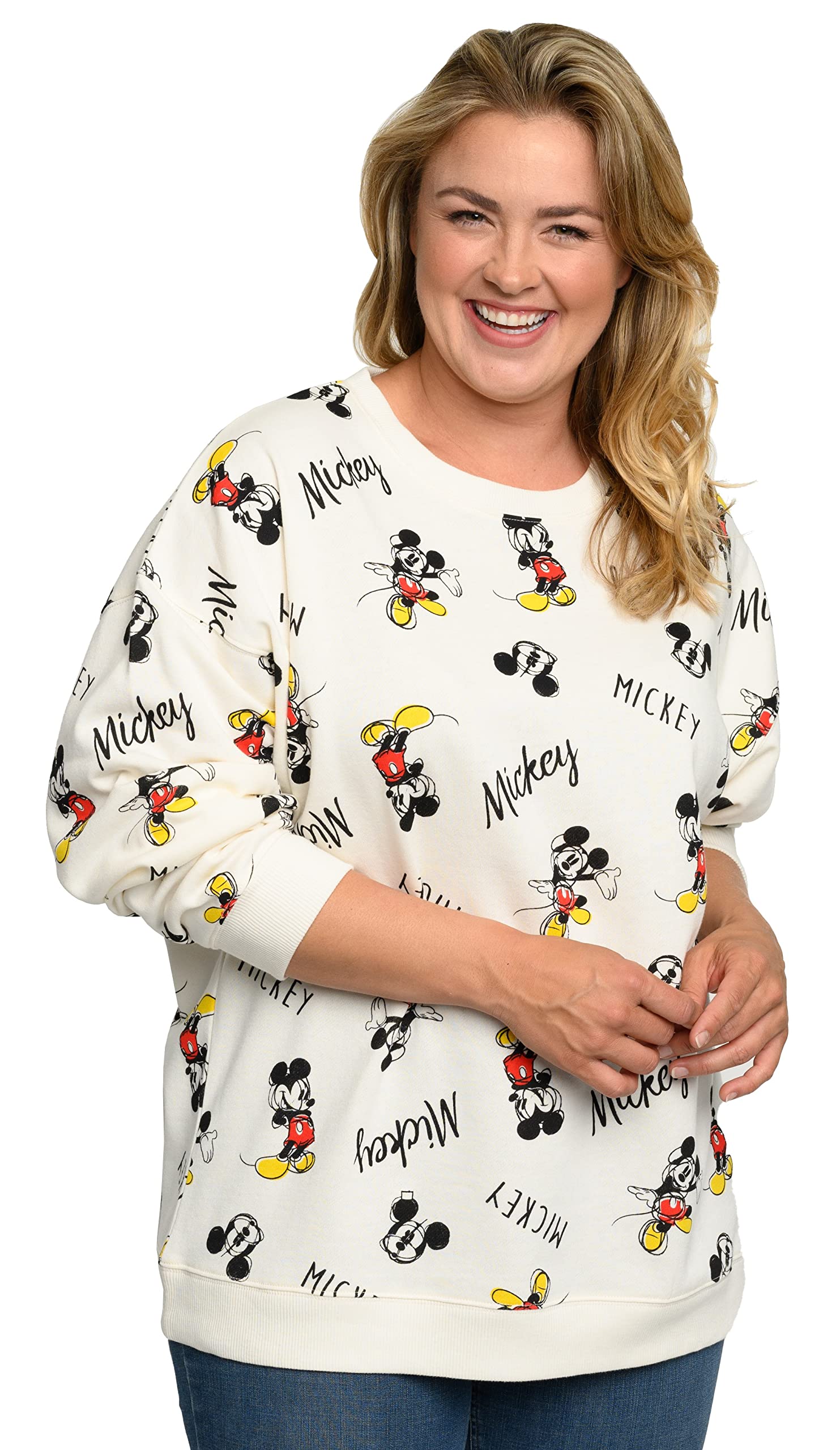 Disney Womens Plus Size Mickey Mouse Sweatshirt Fleece Pullover (Cream, 2X)