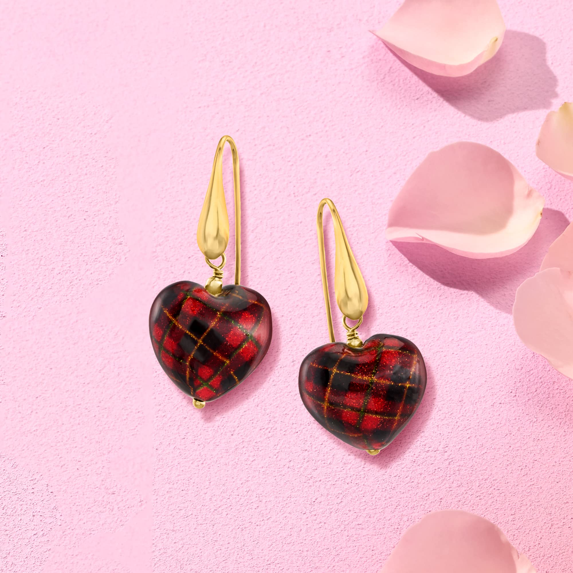 Ross-Simons Italian Murano Glass Tartan Heart Drop Earrings in 18kt Gold Over Sterling