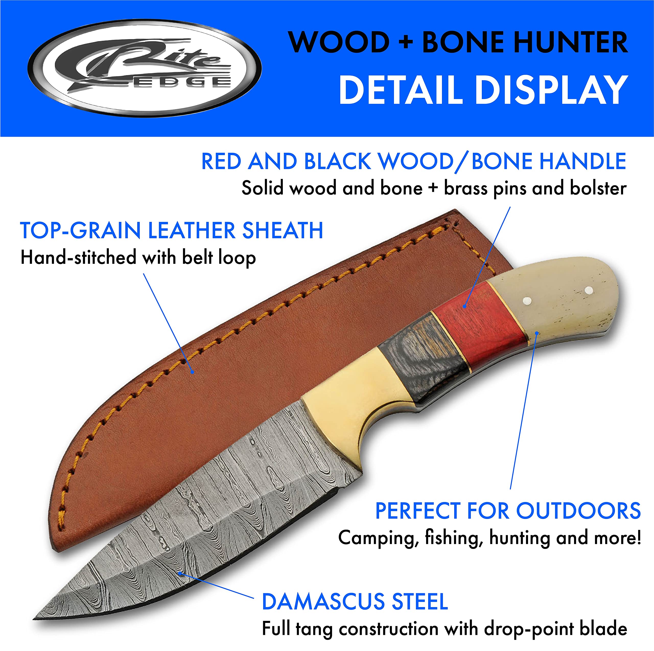 SZCO Supplies 9" Wood/Bone Handle Damascus Steel Drop Point Outdoor Hunting Knife