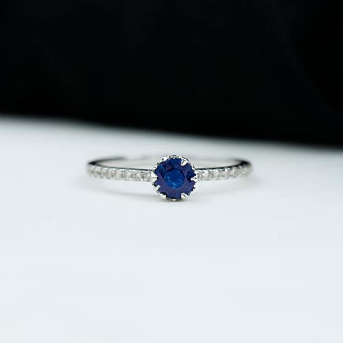 Rosec Jewels Certified Natural Blue Sapphire Solitaire Ring with HI-SI Diamond, 5 MM Round, AAA Quality, September Birthstone Ring, 14K White Gold, Size:US 8.00