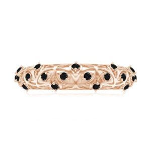 Certified Natural Black Onyx Half Eternity Band Ring for Women, Aaa Quality, Onyx Filigree Band - With Jewelry Box, 14K Rose Gold, Size:US 6.50