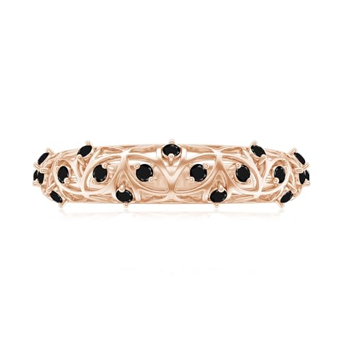 Certified Natural Black Onyx Half Eternity Band Ring for Women, Aaa Quality, Onyx Filigree Band - With Jewelry Box, 14K Rose Gold, Size:US 6.50