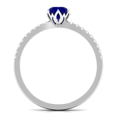 Rosec Jewels Certified Natural Blue Sapphire Solitaire Ring with HI-SI Diamond, 5 MM Round, AAA Quality, September Birthstone Ring, 14K White Gold, Size:US 8.00