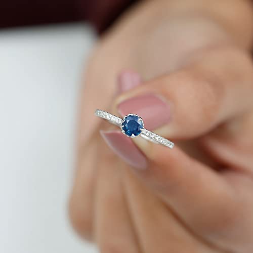 Rosec Jewels Certified Natural Blue Sapphire Solitaire Ring with HI-SI Diamond, 5 MM Round, AAA Quality, September Birthstone Ring, 14K White Gold, Size:US 8.00