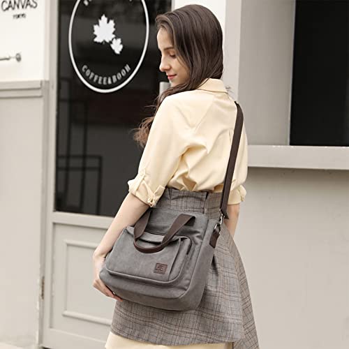 Women's Canvas Shoulder Crossbody Bag Small Tote Purse Multi-pocket Work Bags Top Handle Handbag (Gray)