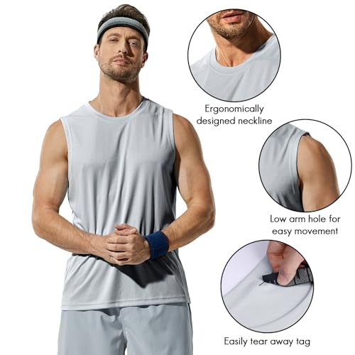 Haimont Mens Sleeveless Workout Shirt Swim Tank Quick Dry Muscle Tee, Light Grey, XL