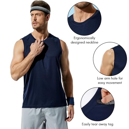 Haimont Sleeveless Workout Shirts for Men UV 50 Tank Top Dry Fit Muscle Tee, Navy, M