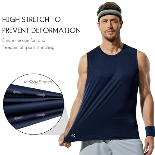 Haimont Sleeveless Workout Shirts for Men UV 50 Tank Top Dry Fit Muscle Tee, Navy, M