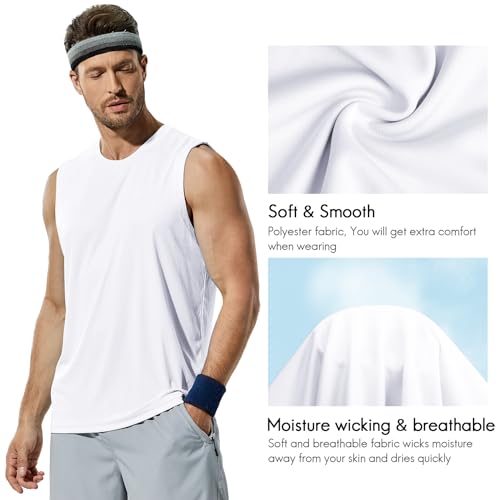 Haimont Sleeveless Shirts for Men Quick Dry Swim Muscle Tank Tops for Hiking Beach Running, White, S