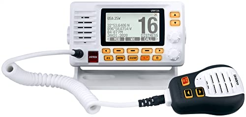 Uniden UM725 Marine VHF Radio, All USA, Canada, and Int'l. Marine Channels, 1Watt/25Watt Transmit Power, Largest LCD Screen in Class, NOAA Weather Channels w/Alerts, Speaker Mic, IPX8 Waterproof.