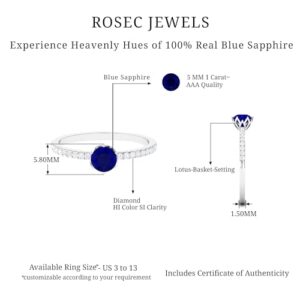 Rosec Jewels Certified Natural Blue Sapphire Solitaire Ring with HI-SI Diamond, 5 MM Round, AAA Quality, September Birthstone Ring, 14K White Gold, Size:US 8.00