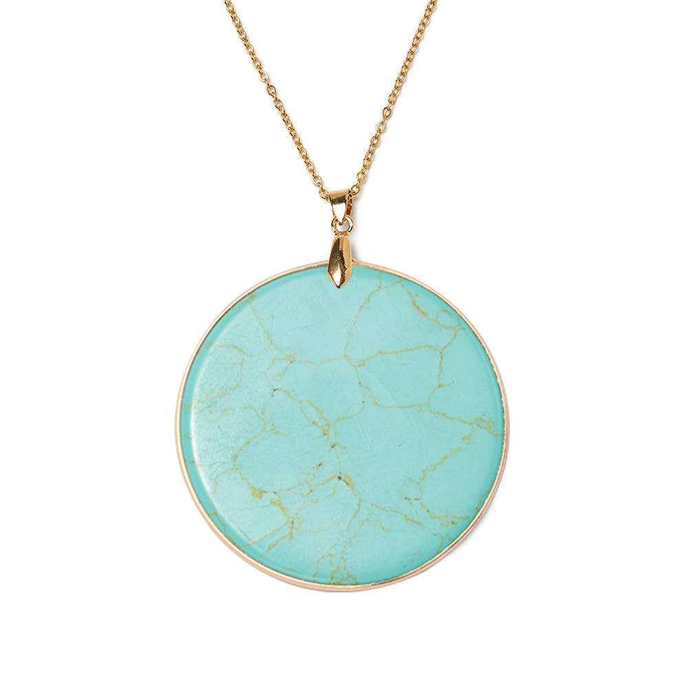 ATLLM Turquoise Circle Pendant Gold Gemstone Large Bohemian Necklace Natural Stone BOHO Round Charm Disc Marble Quartz