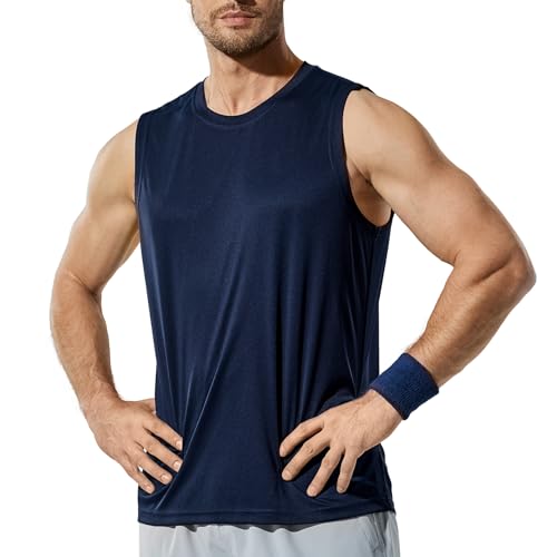 Haimont Sleeveless Workout Shirts for Men UV 50 Tank Top Dry Fit Muscle Tee, Navy, M