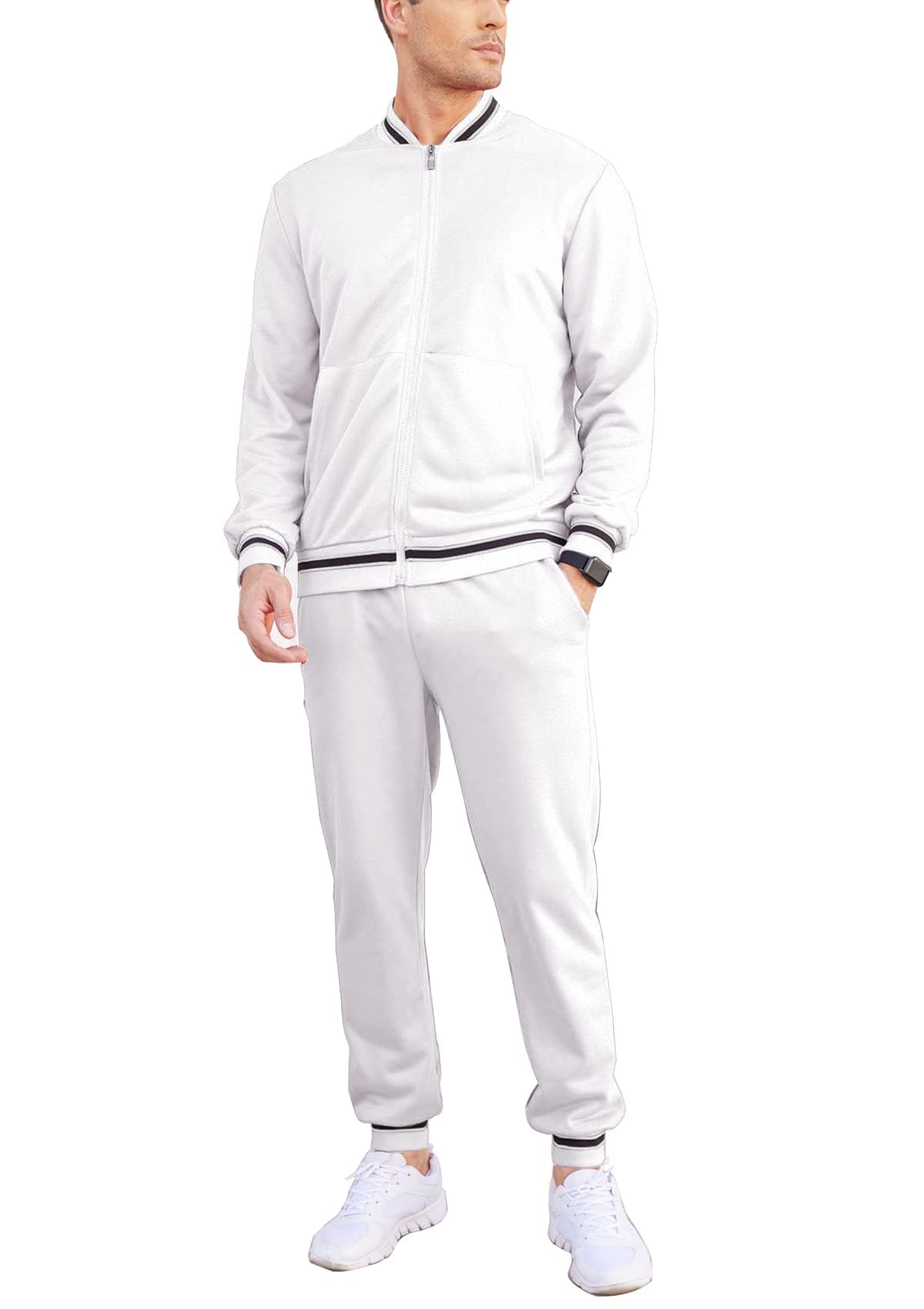 COOFANDY Sweatsuit For Men Long Sleeve Casual Athletic Tracksuits Zipper Exercise Jacket and Pants Sets White