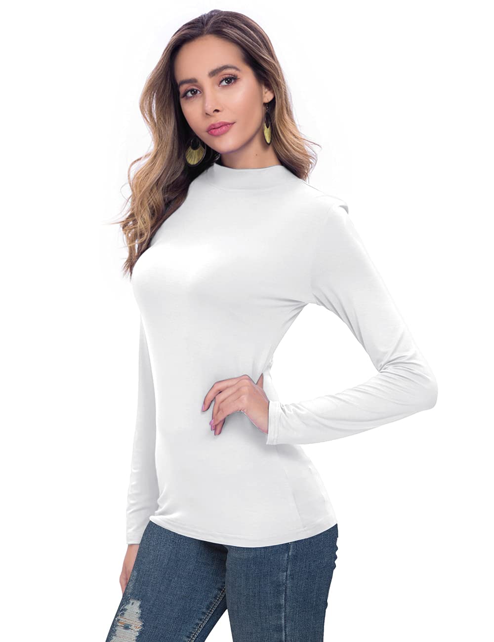 VOBCTY White Turtleneck Women Casual Long Sleeve Lightweight Slim Fitted Based Layer Shirts White X-Large