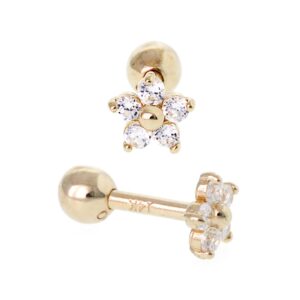 ANYGOLDS 14K Real Solid Gold 0.058ctw Diamond Flower Cartilage Daith Helix Tragus Conch Rook Snug Ear Post Stud Piercing Earring Body Jewelry 18Gauge - 1 PCS (8mm, 14K Yellow Gold)