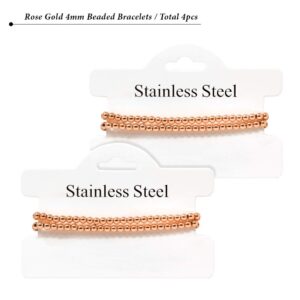 SM Stainless Steel Gold Silver Rose gold Beaded Ball Bracelets 4PCS Set for Women Stretchable Elastic Bracelet (Rose gold, Stainless Steel)