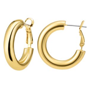 thick gold hoop earrings for women, 18k real gold plated 925 sterling silver post small chunky hoops earrings, hypoallergenic big large statement tube design earring gift 25mm