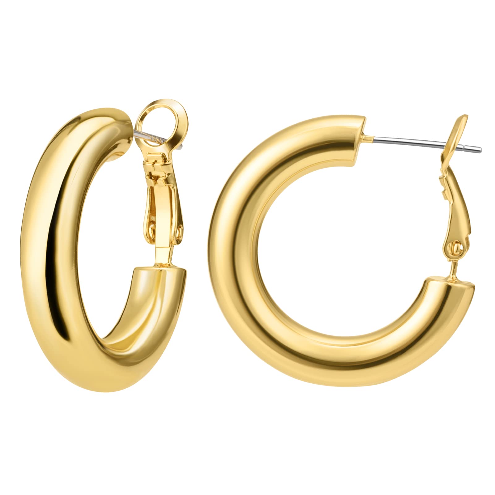 Thick Gold Hoop Earrings for Women, 18K Real Gold Plated 925 Sterling Silver Post Small Chunky Hoops Earrings, Hypoallergenic Big Large Statement Tube Design Earring Gift 25mm