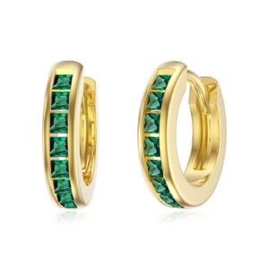 14K Gold Emerald Hoop Earrings, Solid Yellow Gold Created Emerald Green Hinged Hoops, St. Patricks Day Jewelry Birthstone Earrings for Women Ladies Her Mom, 11.5mm Diameters