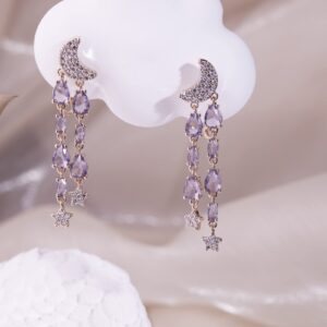 Metmolley Teardrop Crystal Dangle Earrings Tassel Moon and Star Earrings for Women (Purple)