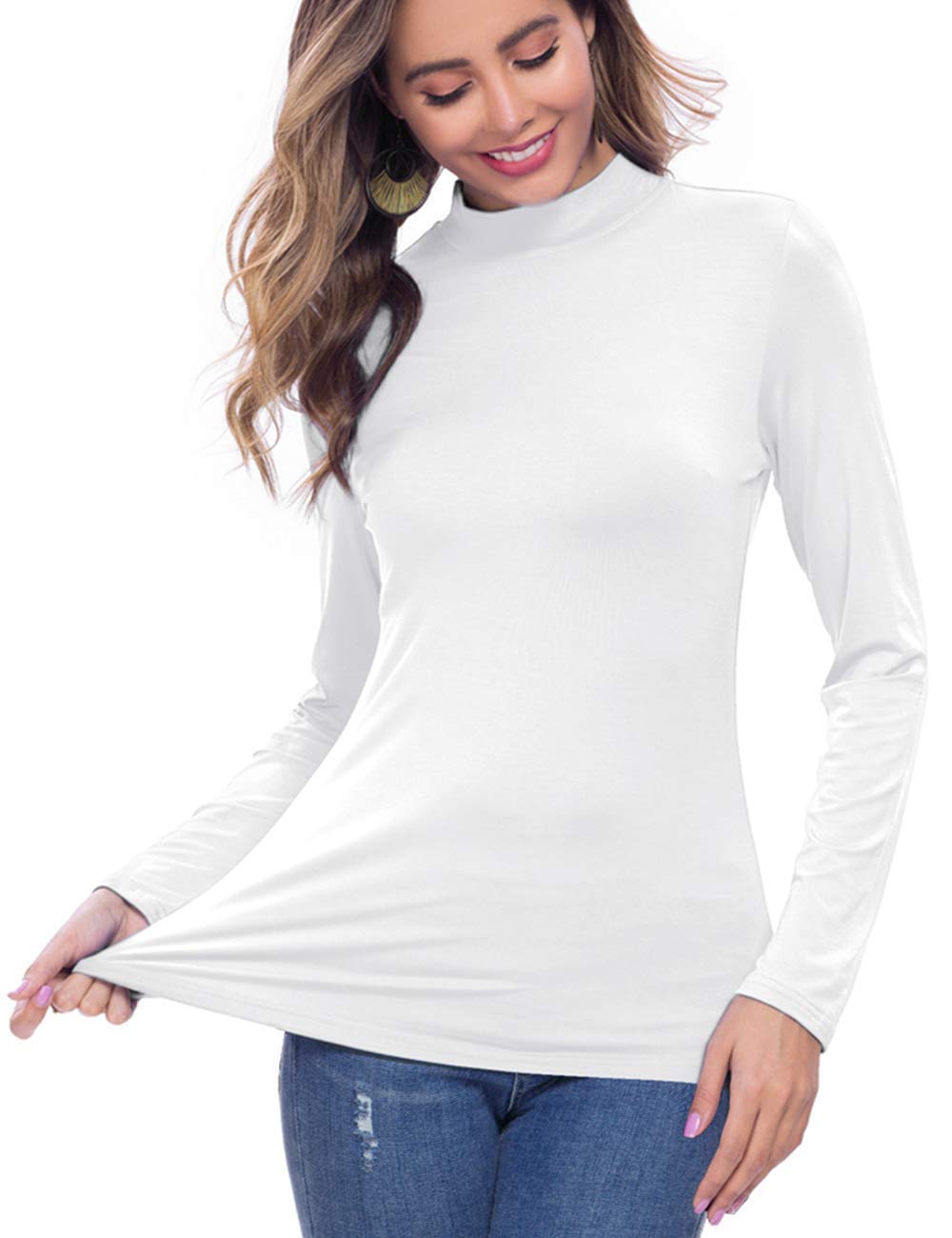 VOBCTY White Turtleneck Women Casual Long Sleeve Lightweight Slim Fitted Based Layer Shirts White X-Large