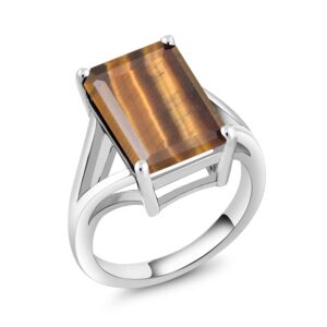 Gem Stone King 6.50 Cttw Brown Tiger Eye Ring For Women In 925 Sterling Silver | Emerald Cut 14X10MM | Available In Size 5, 6, 7, 8, 9