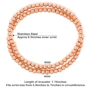 SM Stainless Steel Gold Silver Rose gold Beaded Ball Bracelets 4PCS Set for Women Stretchable Elastic Bracelet (Rose gold, Stainless Steel)