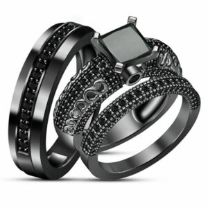 Pritvi Jewels 1.50Ct Princess & Round Cut Black Diamond 925 Sterling Silver 14K Black Gold Over Diamond Engagement Wedding Band Trio Ring Set for Him & Her