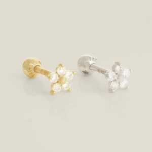 ANYGOLDS 14K Real Solid Gold 0.058ctw Diamond Flower Cartilage Daith Helix Tragus Conch Rook Snug Ear Post Stud Piercing Earring Body Jewelry 18Gauge - 1 PCS (8mm, 14K Yellow Gold)