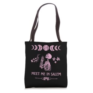 meet me in salem cute pink witchy witchcraft halloween pagan tote bag