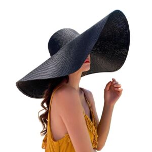 Oversized Beach Sun Hat for Women, Foldable Fashion Floppy Roll Up Visor Hats, Large Wide Brim Straw Hats for Summer Vacation Black