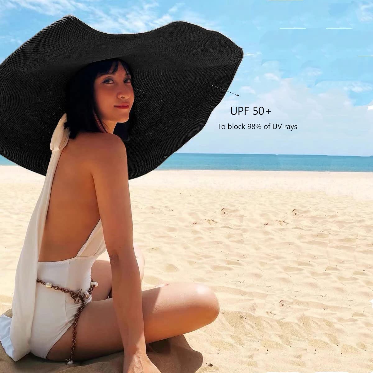 Oversized Beach Sun Hat for Women, Foldable Fashion Floppy Roll Up Visor Hats, Large Wide Brim Straw Hats for Summer Vacation Black