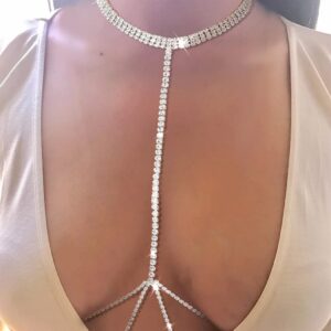 Woeoe Sparkly Rhinestone Bra Chain Silver Crystal Chest Chains Sexy Nightclub Beach Party Rave Body Chain for Women and Girls