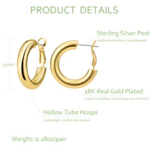 Thick Gold Hoop Earrings for Women, 18K Real Gold Plated 925 Sterling Silver Post Small Chunky Hoops Earrings, Hypoallergenic Big Large Statement Tube Design Earring Gift 25mm