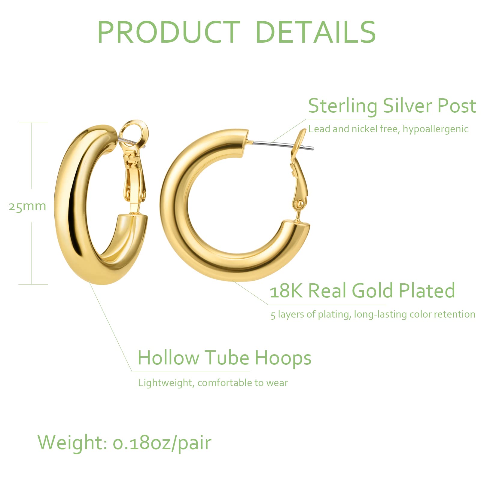 Thick Gold Hoop Earrings for Women, 18K Real Gold Plated 925 Sterling Silver Post Small Chunky Hoops Earrings, Hypoallergenic Big Large Statement Tube Design Earring Gift 25mm