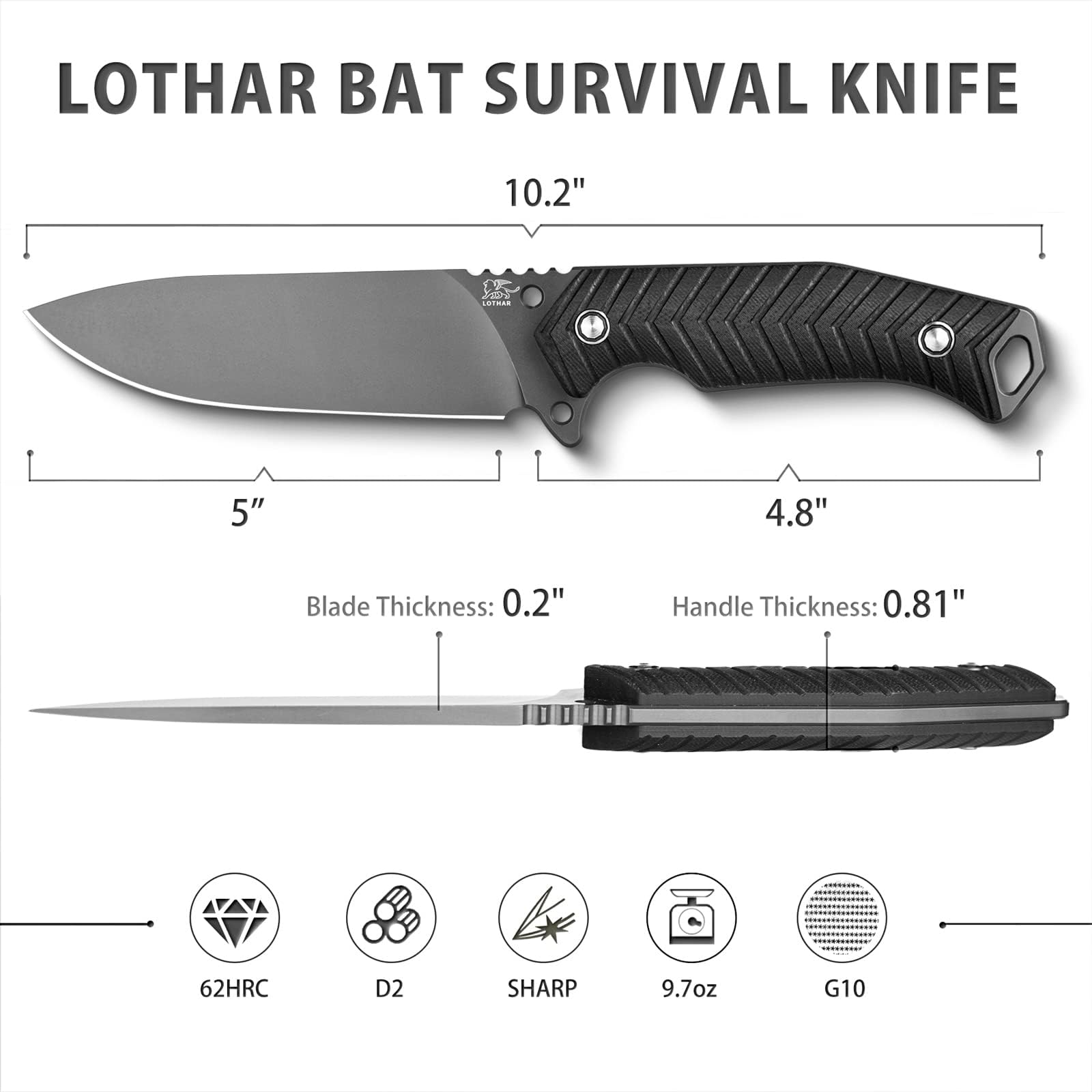 LOTHAR BAT Survival Knife with Fire Starter, Full Tang D2 Steel Fixed Blade Knife with G10 Handle, Tactical Hunting Knives with Kydex Sheath, Camping Knife, Bushcraft Knife, Gifts For Men