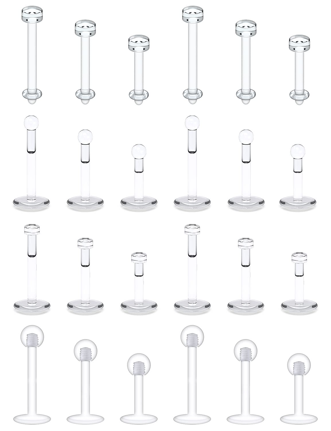 Lcolyoli 24-38PCS 16G Clear Piercing Retainers Flat & Ball Top Bioflex Lip Rings Labret Medusa Retainer Flexible Conch Tragus Cartilage Helix Piercing Jewelry for Women Men 6mm 8mm 10mm Bar Length