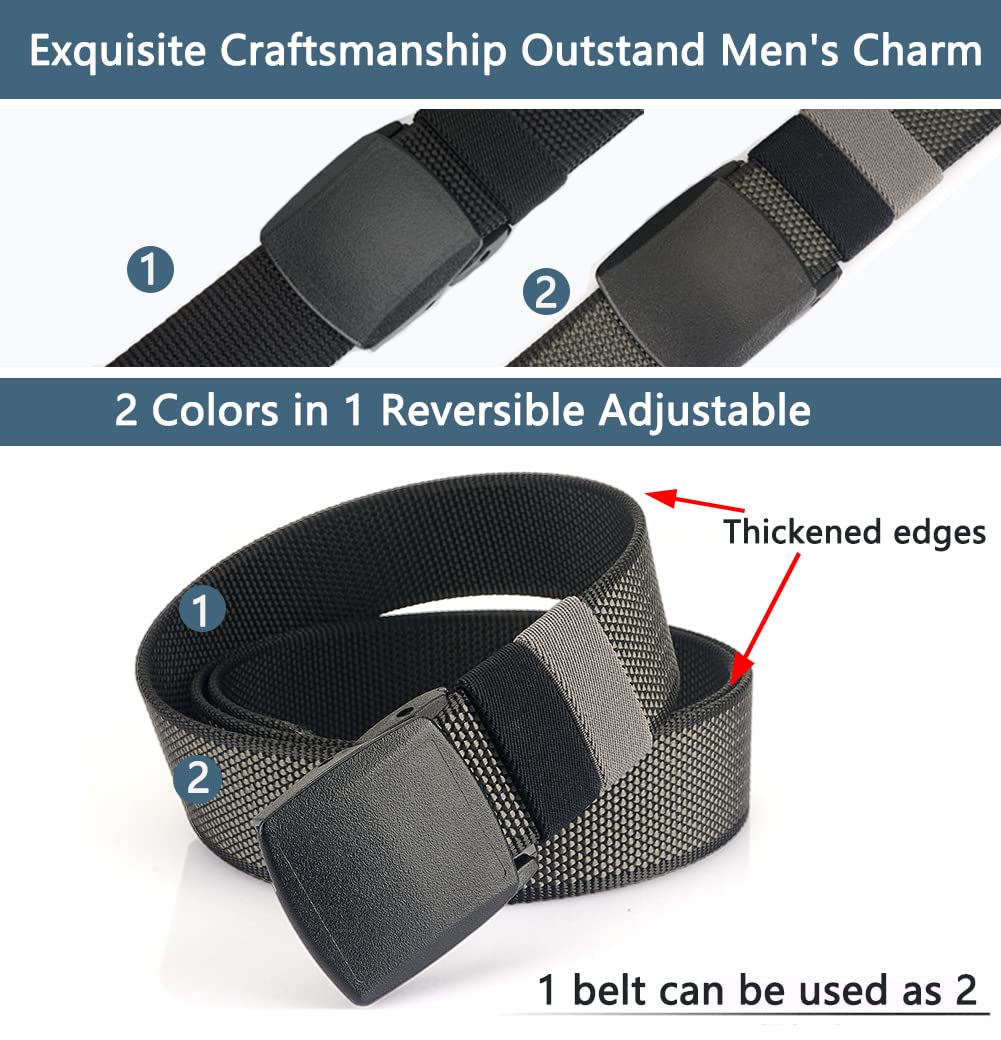 LionVII Belts for Men, 2 Colors in 1 Canvas Belt with YKK Plastic Buckle, Reversible Web Belt Breathable Fabric for Work Adjustable[53" L x 1.5" W](Black and Grey)