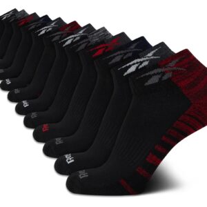 Reebok Men's Quarter Socks - 12 Pack Performance Cushion Comfort Socks - Breathable Athletic Ankle Socks for Men (6-12.5), Size 6-12.5, Red/Black