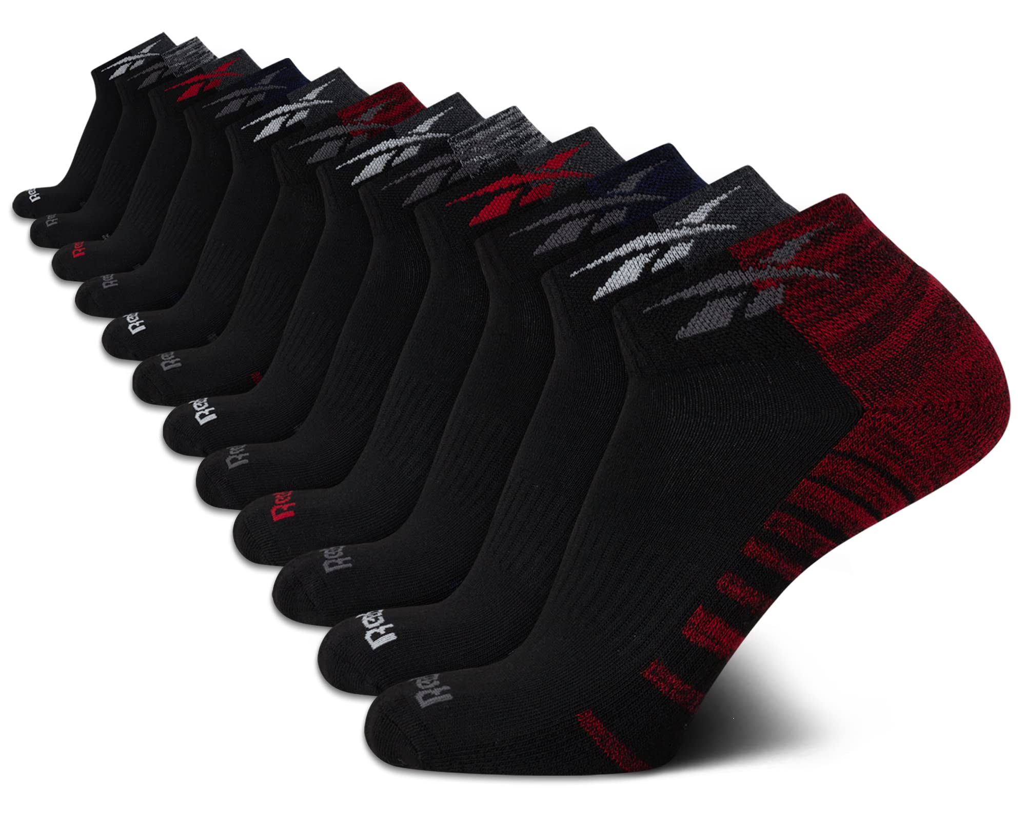 Reebok Men's Quarter Socks - 12 Pack Performance Cushion Comfort Socks - Breathable Athletic Ankle Socks for Men (6-12.5), Size 6-12.5, Red/Black