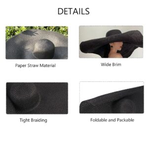 Oversized Beach Sun Hat for Women, Foldable Fashion Floppy Roll Up Visor Hats, Large Wide Brim Straw Hats for Summer Vacation Black