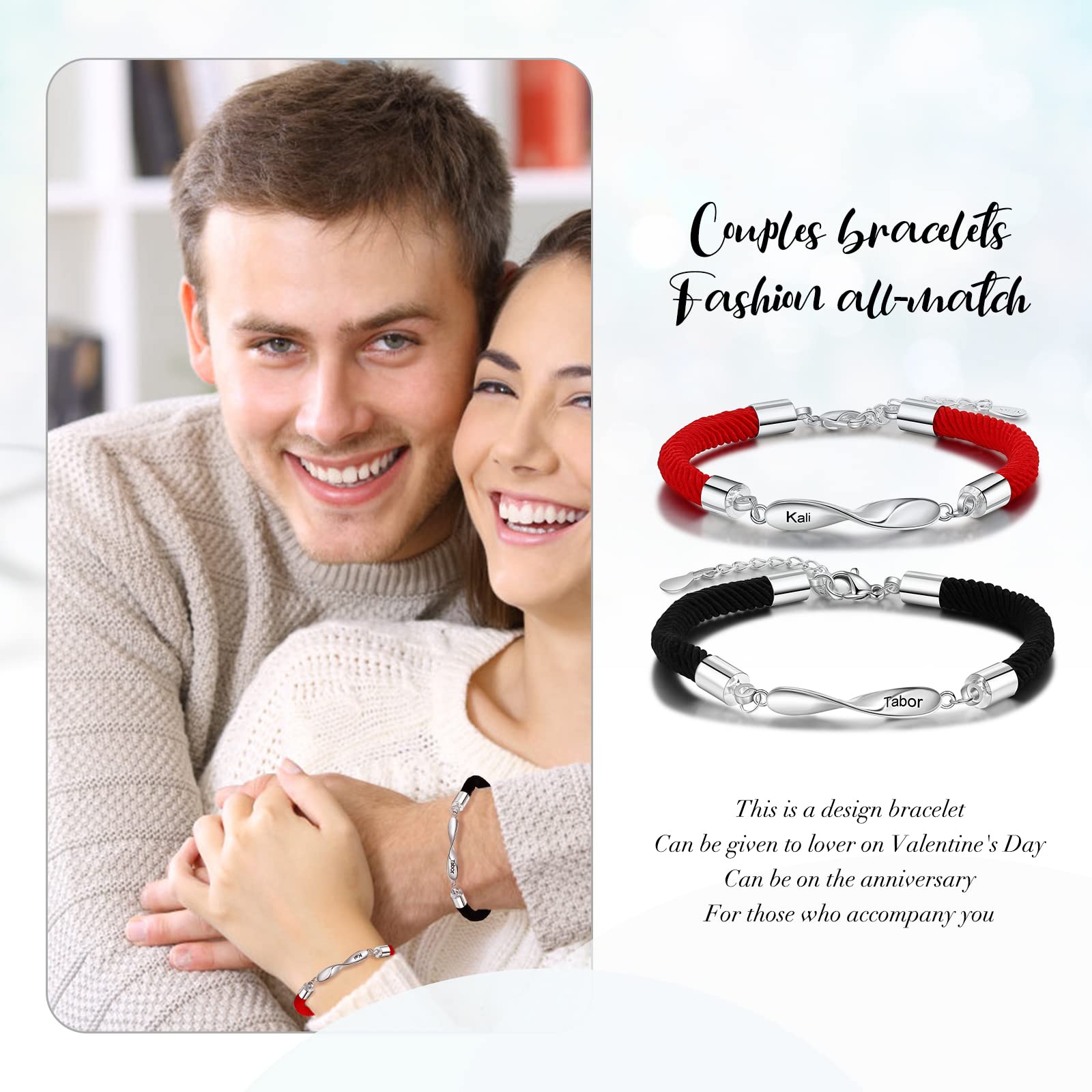 Personalized Custom Name Matching Bracelets for Couples His and Hers Bracelets for Valentine's Day Boyfriend and Girlfriend Mobius Bracelets (black and red)