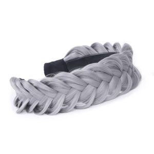 vowyore Hairband, Wide Fishtail Braid Headband With Teeth, Handmade, Synthetic Fiber, Matte Finish, 1 Count (Pack of 1), Women's & Girls' Classic Chunky Braided Hair Accessory, Grey