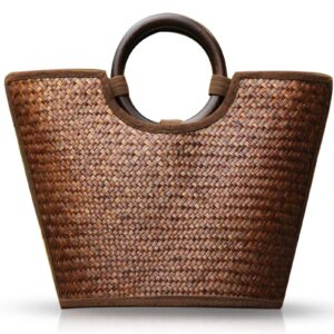 qtkj straw bag for women, summer beach handmade rattan tote bag, round wooden handle, boho retro straw woven handbag, large beach bag for vacation (brown)